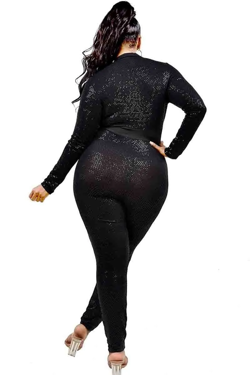 Plus Long Sleeve Sequin Deep V Neck Jumpsuit