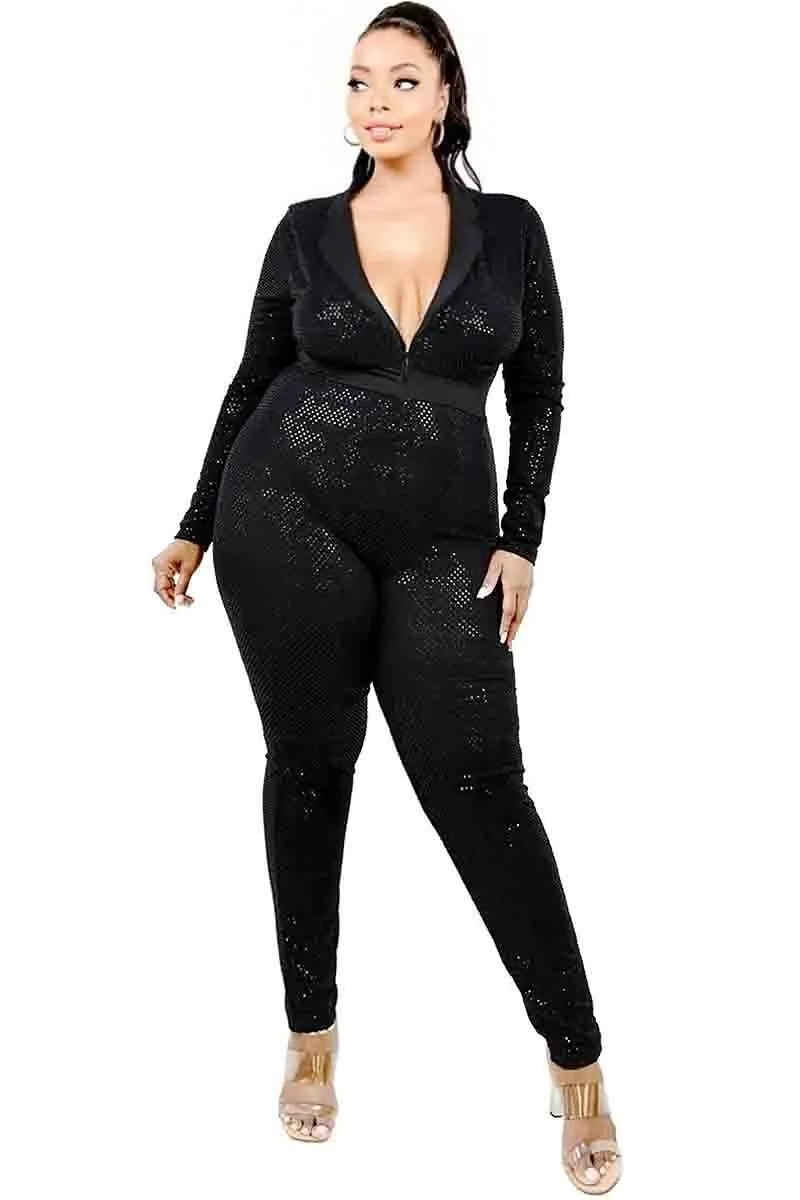 Plus Long Sleeve Sequin Deep V Neck Jumpsuit