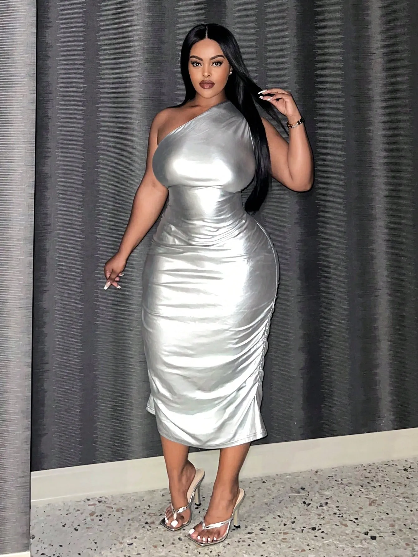 Plus Off The Shoulder Metallic Evening Dress