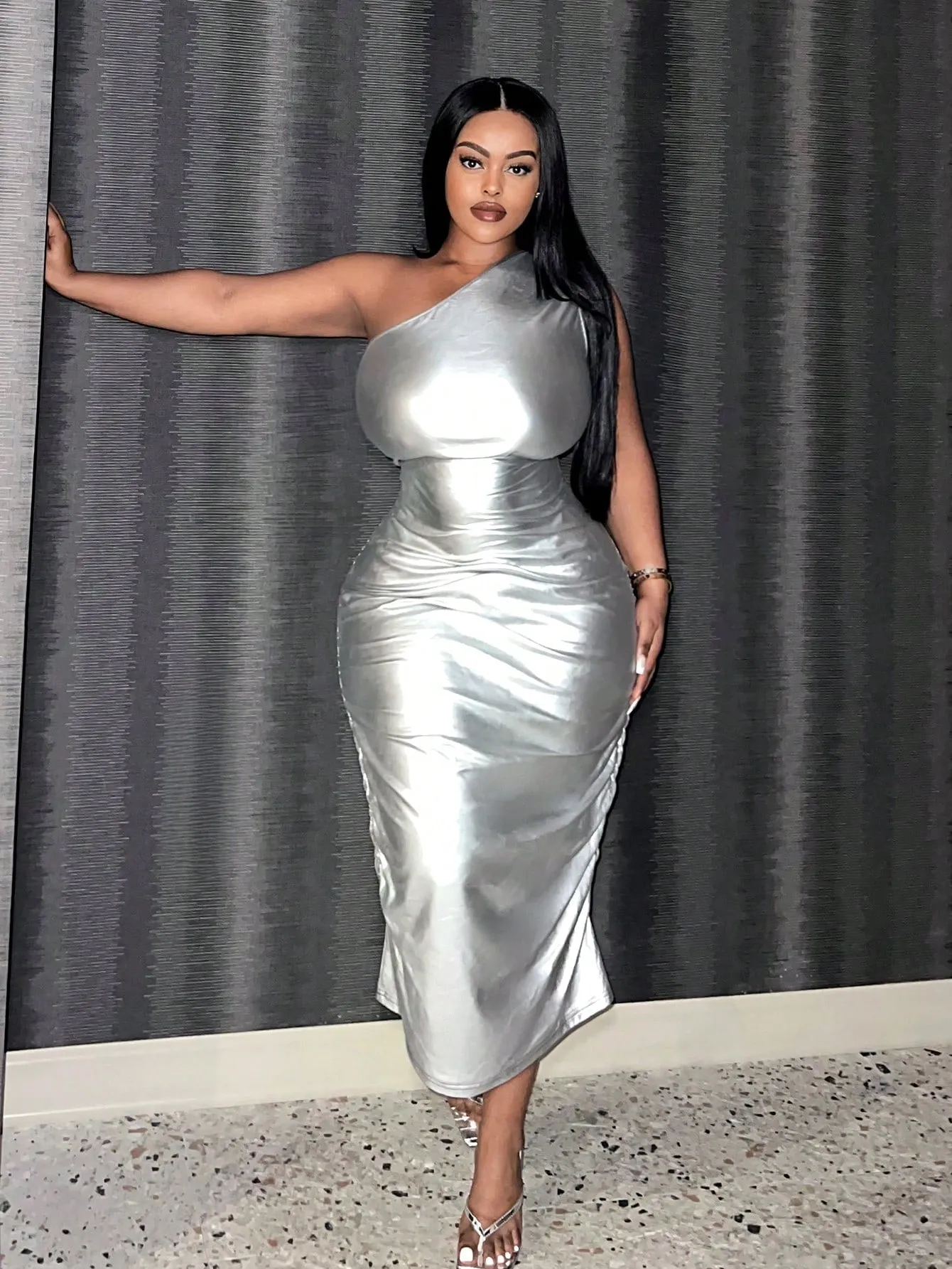 Plus Off The Shoulder Metallic Evening Dress