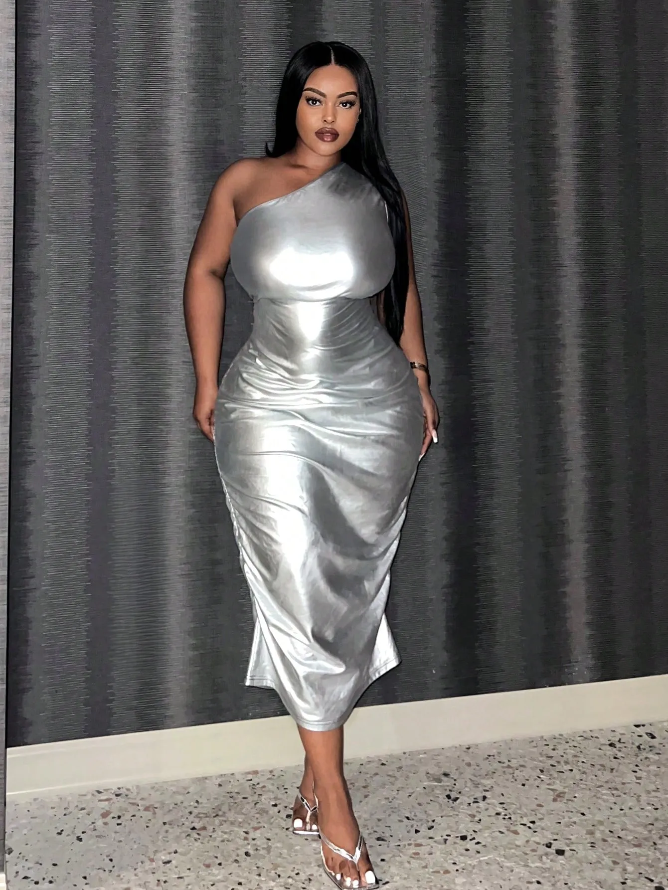 Plus Off The Shoulder Metallic Evening Dress