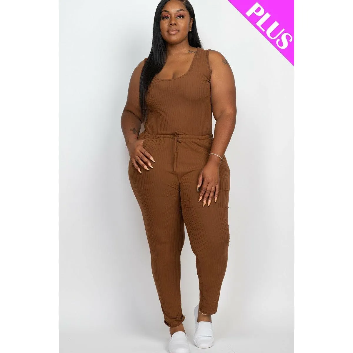 Plus size light weight high stretch rib knit jumpsuit