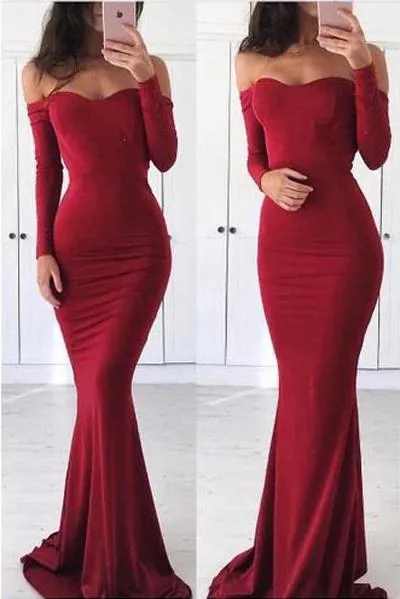 Sexy Off the Shoulder Long Sleeve Sweetheart Red Prom Dresses, Graduation STK20440