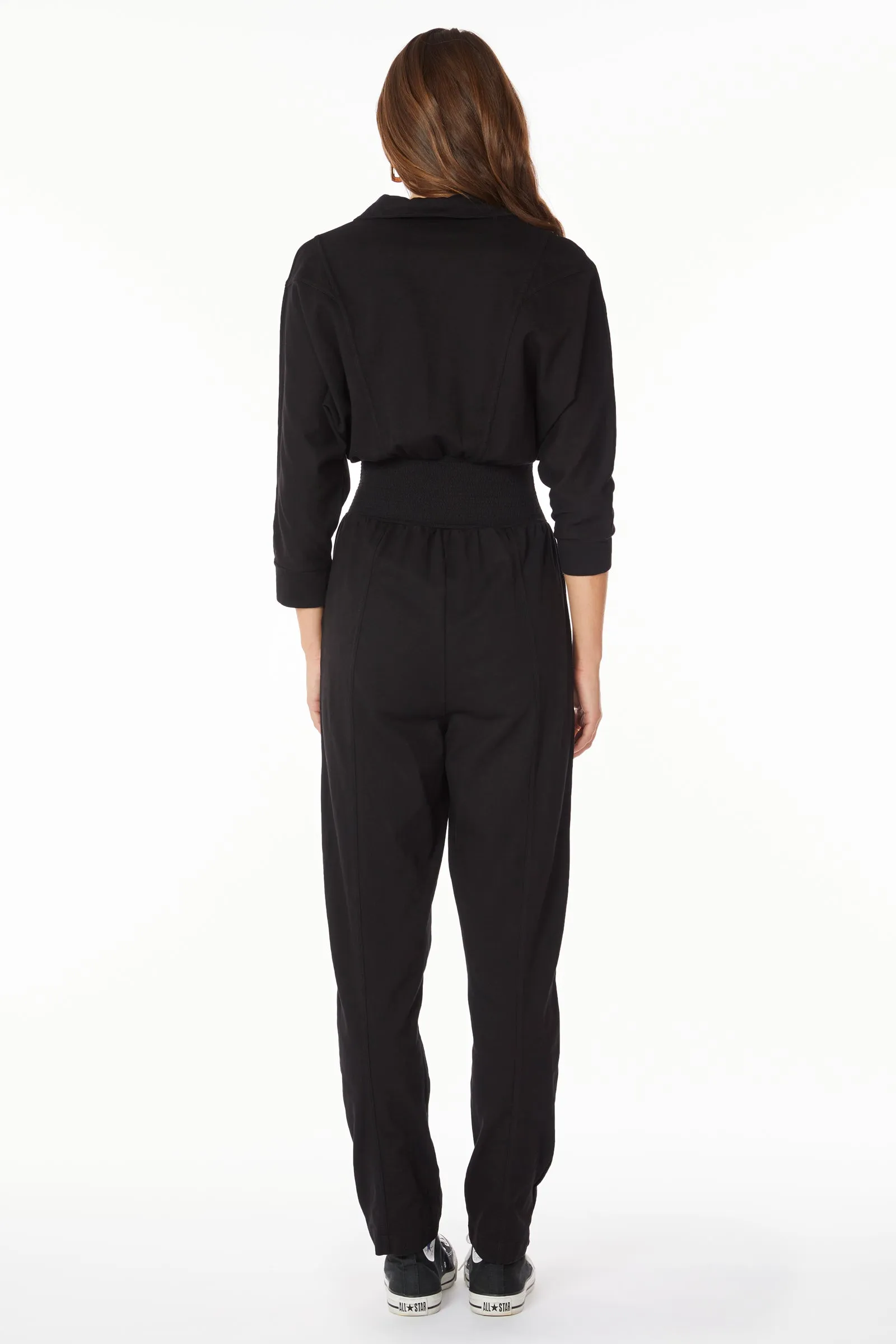 SMOCKED WAIST ZIP FRONT JUMPSUIT