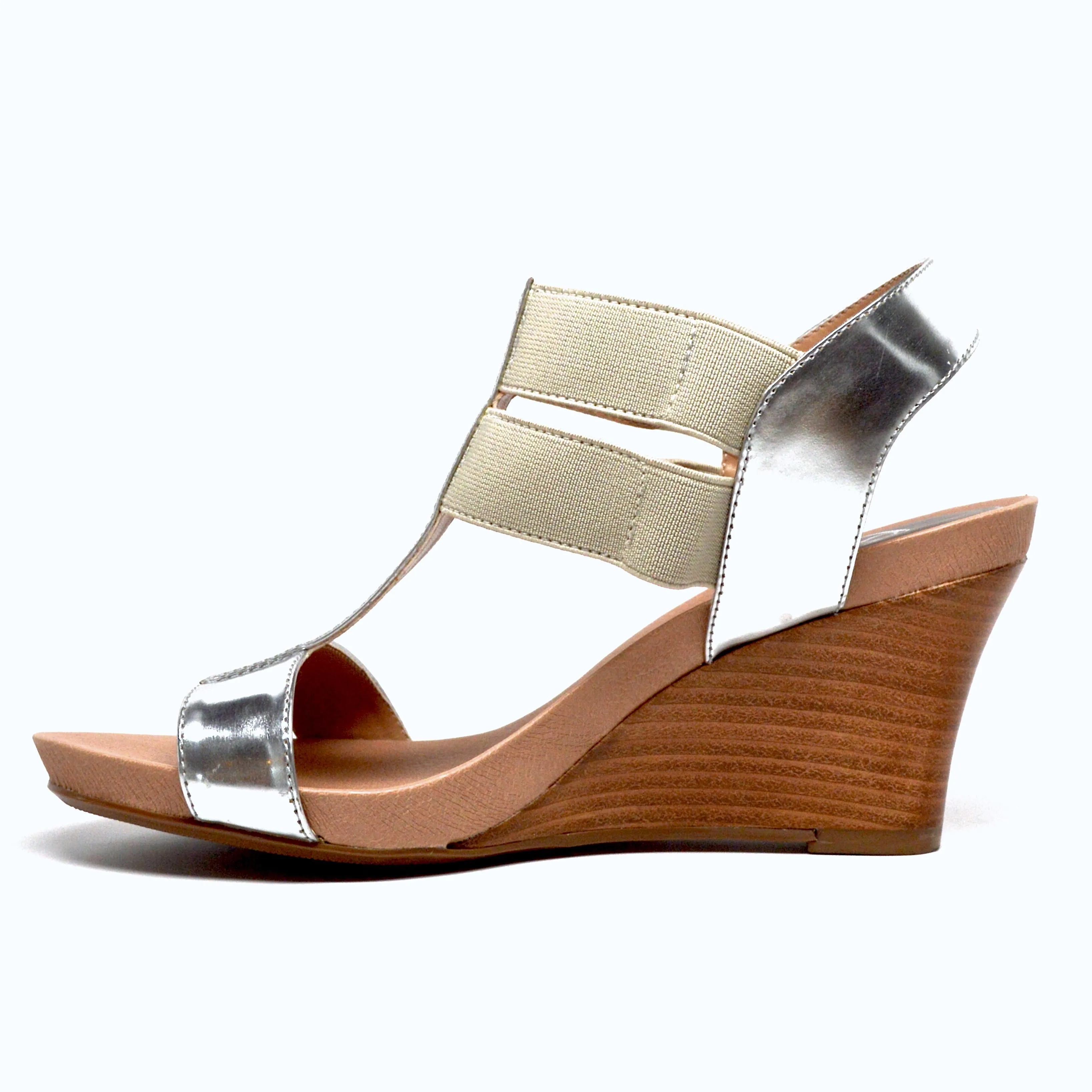 STRETCH WEDGE HEEL - SILVER/TAN LEATHER