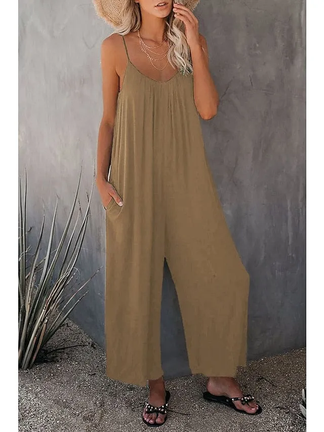 Stylish Khaki V-Neck Wide Leg Women's Jumpsuit