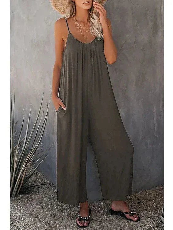 Stylish Khaki V-Neck Wide Leg Women's Jumpsuit