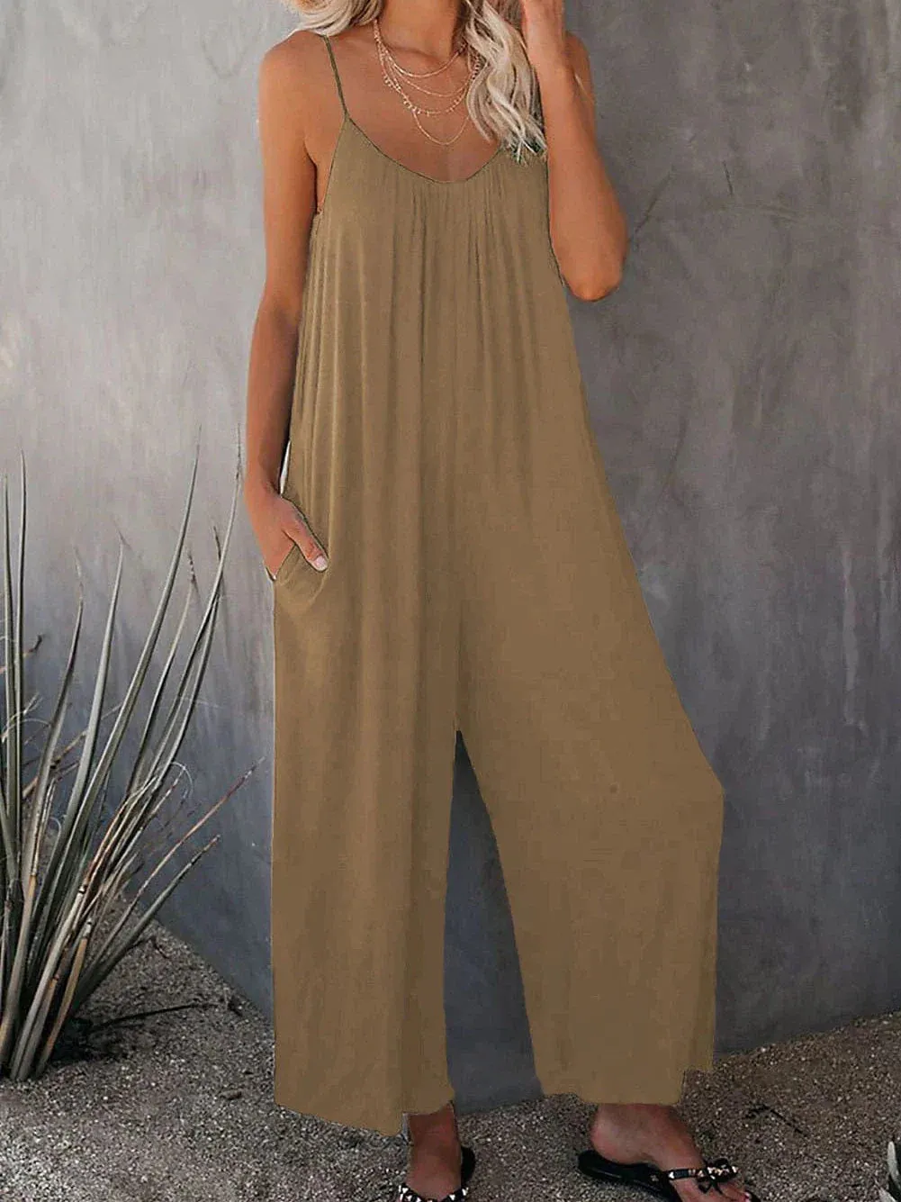 Stylish Khaki V-Neck Wide Leg Women's Jumpsuit