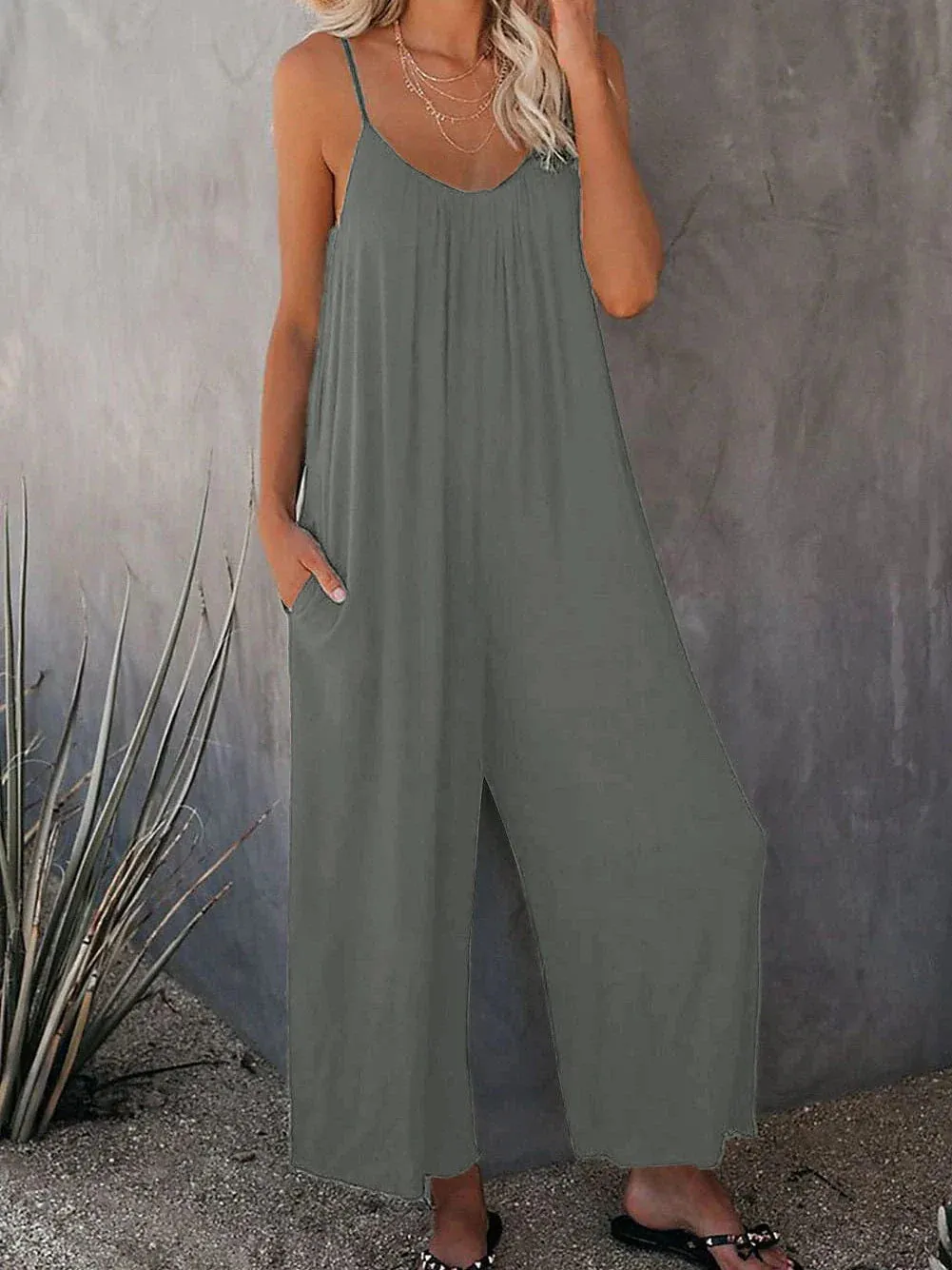 Stylish Khaki V-Neck Wide Leg Women's Jumpsuit