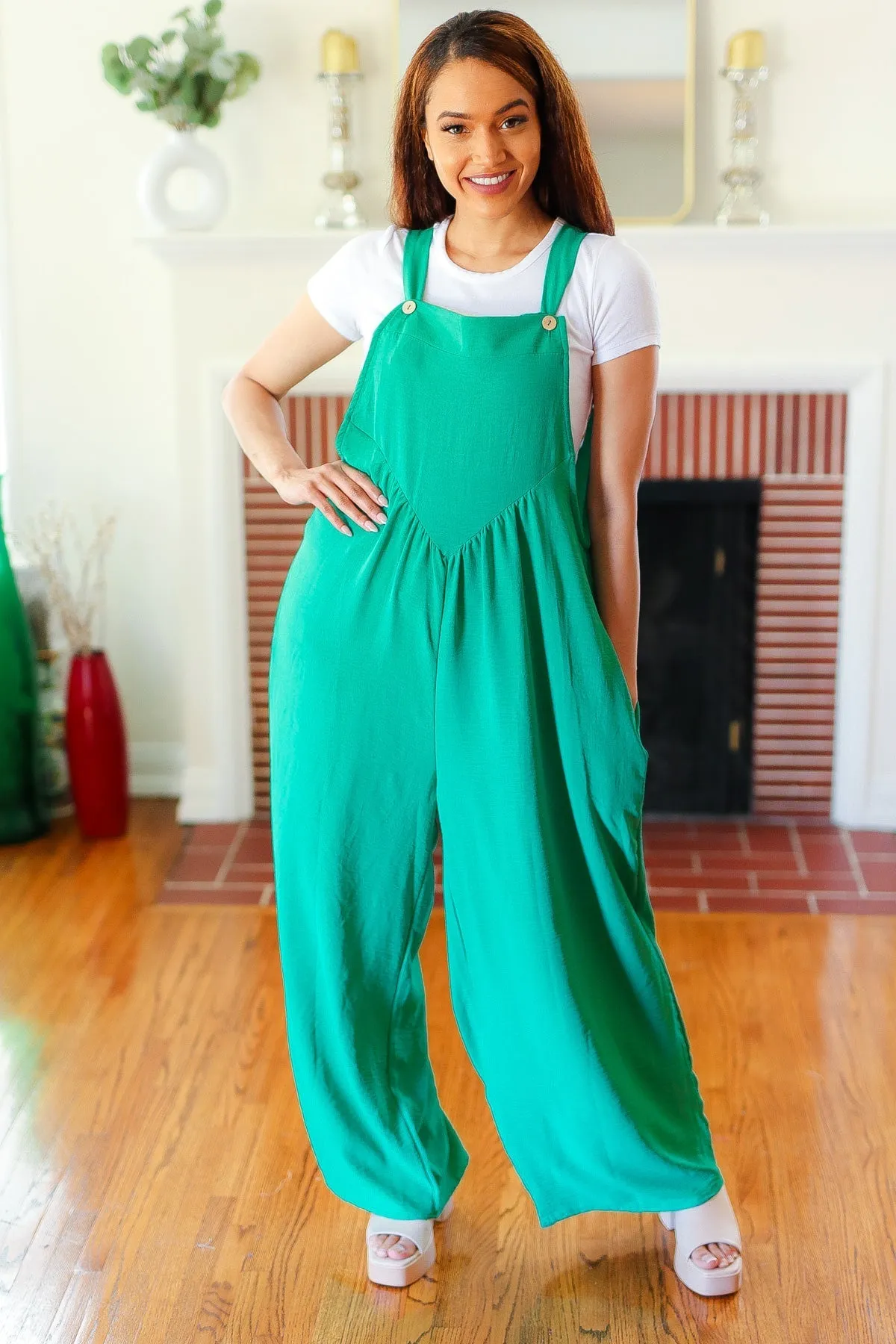 Summer Dreaming Emerald Wide Leg Suspender Overall Jumpsuit (Shipping in 1-2 Weeks)