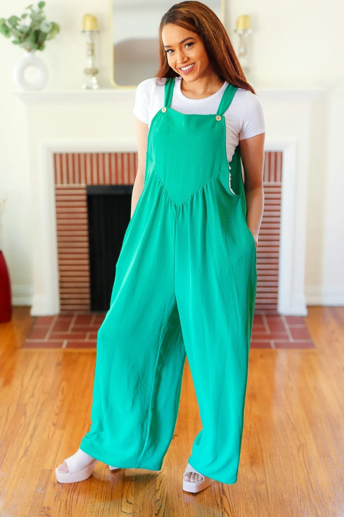 Summer Dreaming Emerald Wide Leg Suspender Overall Jumpsuit (Shipping in 1-2 Weeks)