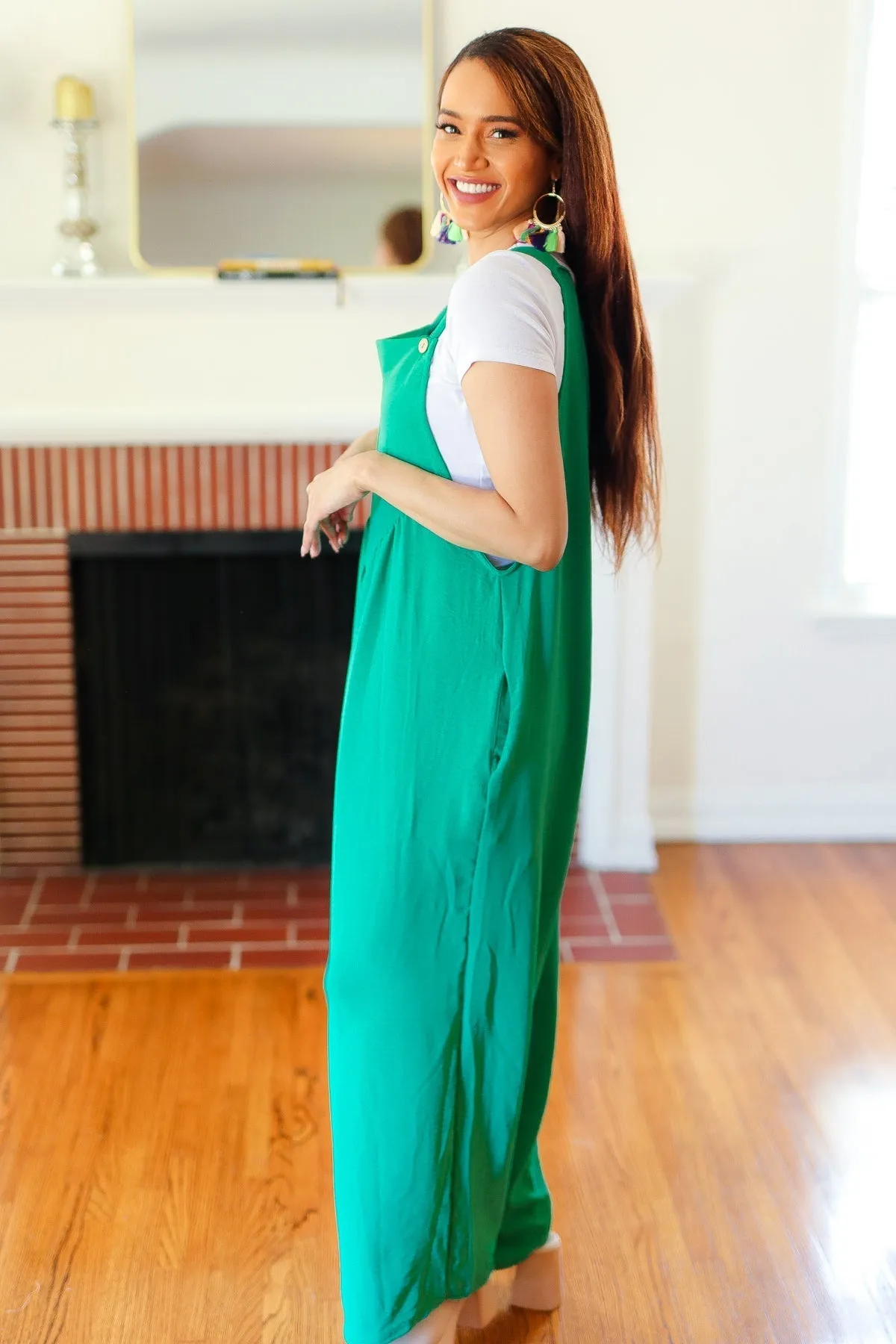 Summer Dreaming Emerald Wide Leg Suspender Overall Jumpsuit (Shipping in 1-2 Weeks)