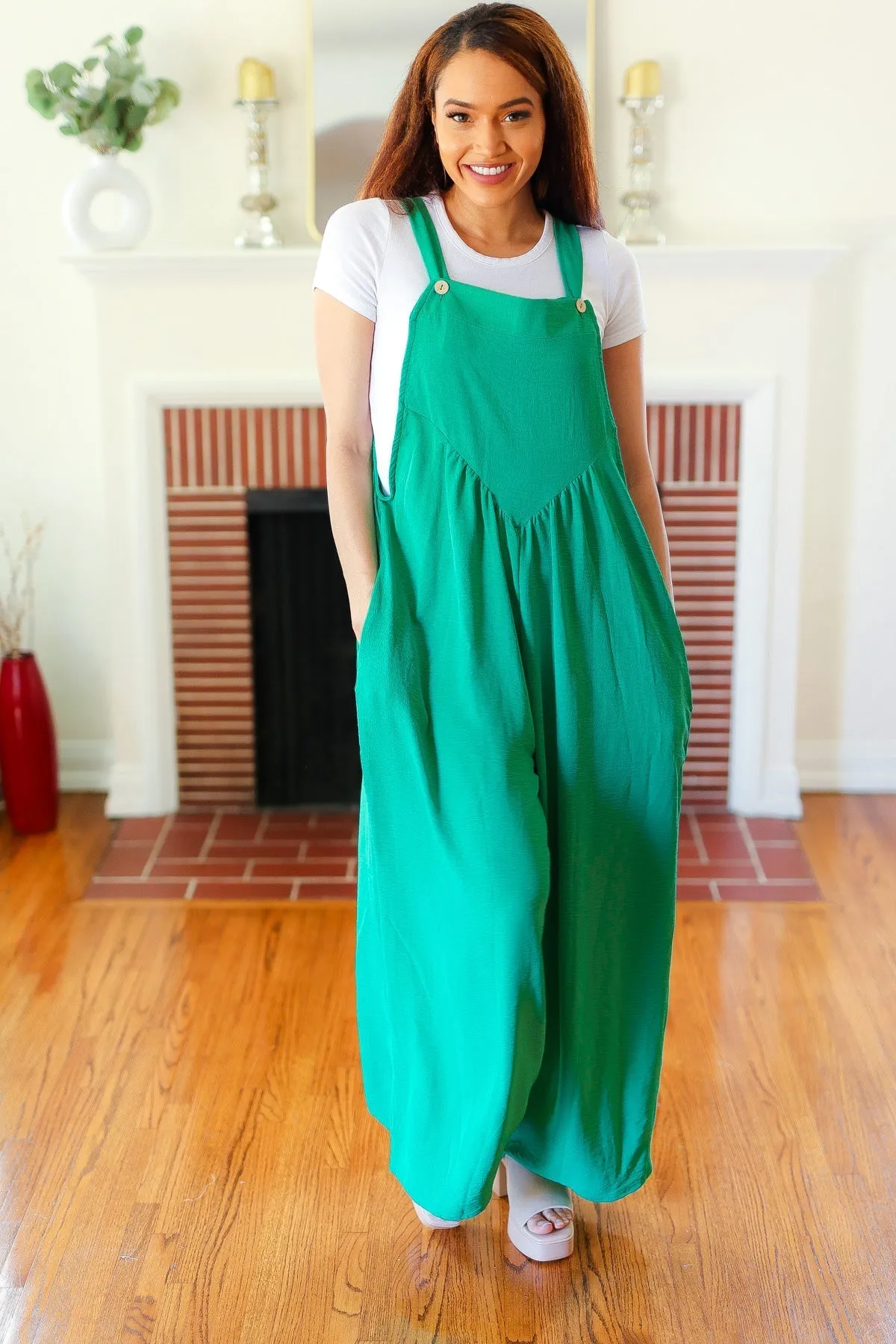 Summer Dreaming Emerald Wide Leg Suspender Overall Jumpsuit (Shipping in 1-2 Weeks)