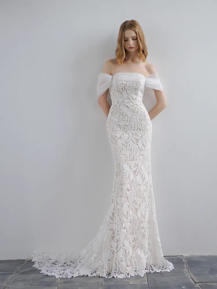 The Canary Wedding Bridal Off Shoulder Lace Tulle Gown