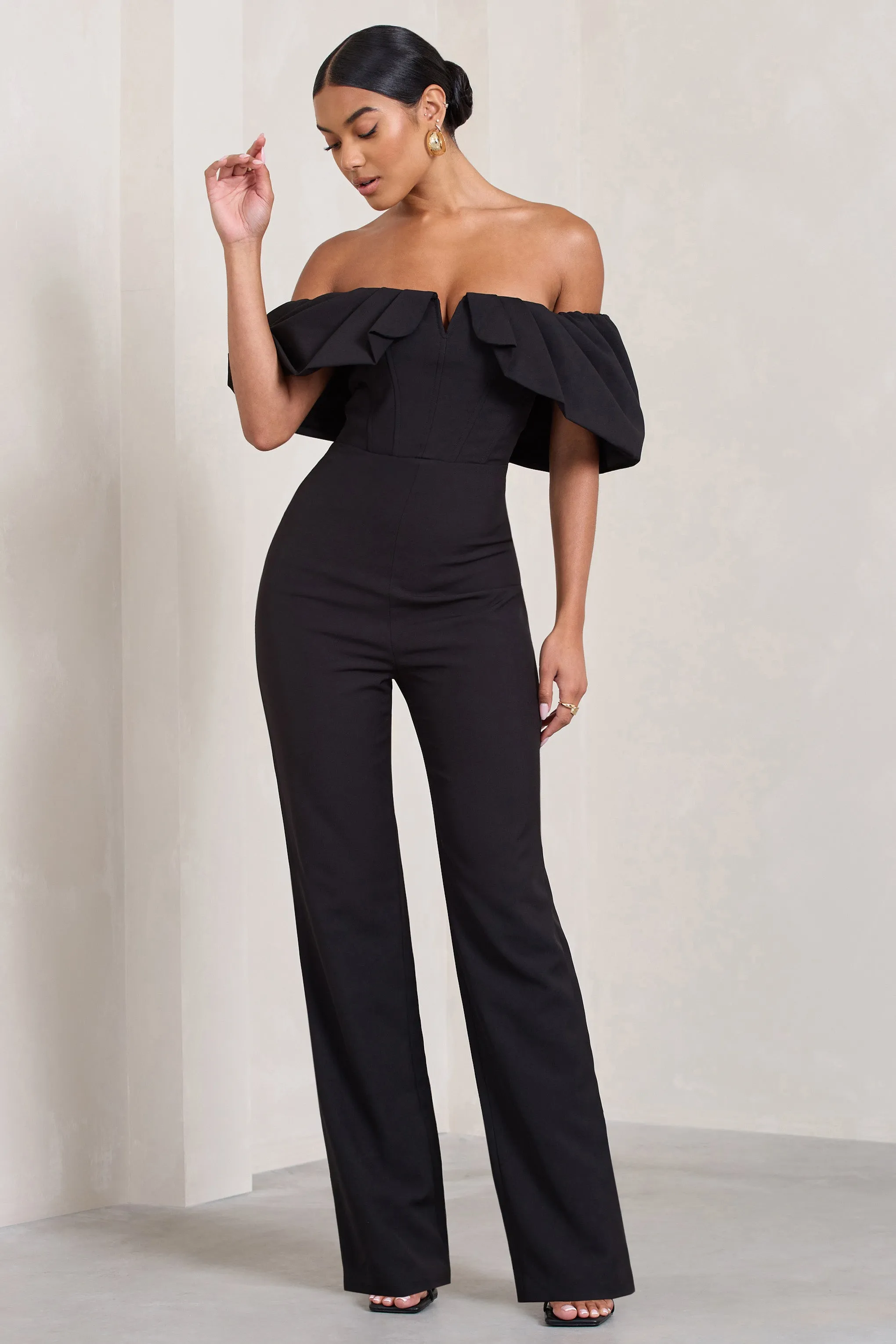 Time Will Tell | Black Off The Shoulder Wide Leg Jumpsuit