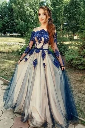 Unique Long Sleeve Off the Shoulder Tulle Long Prom Dresses, Appliques Blue Party Dresses STK15459