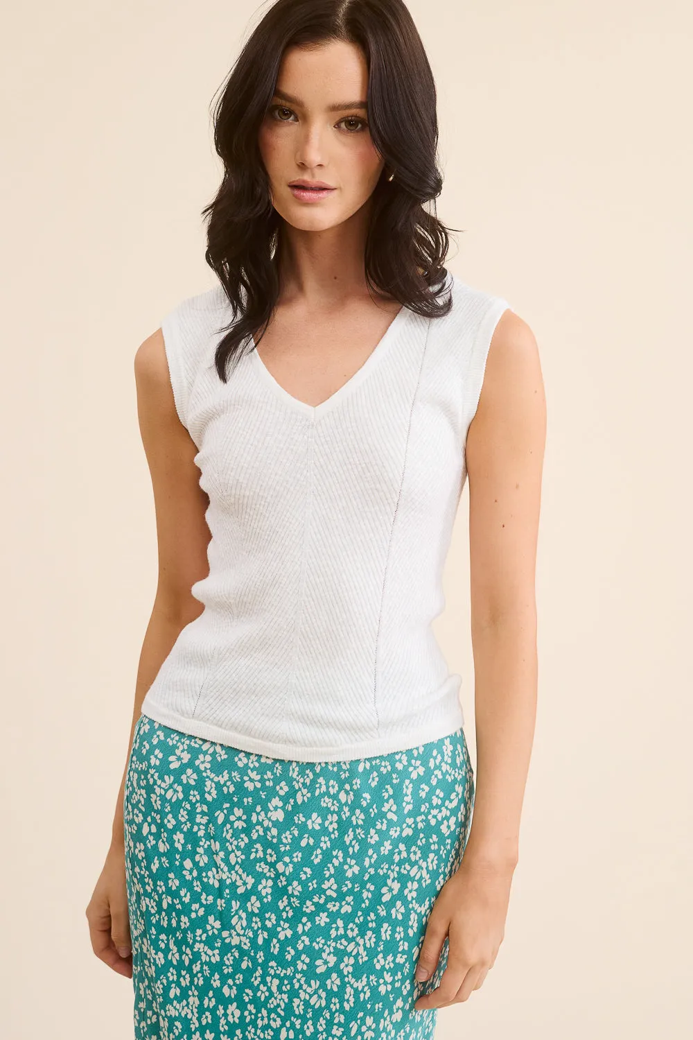 White Knit V-Neck Tank Top