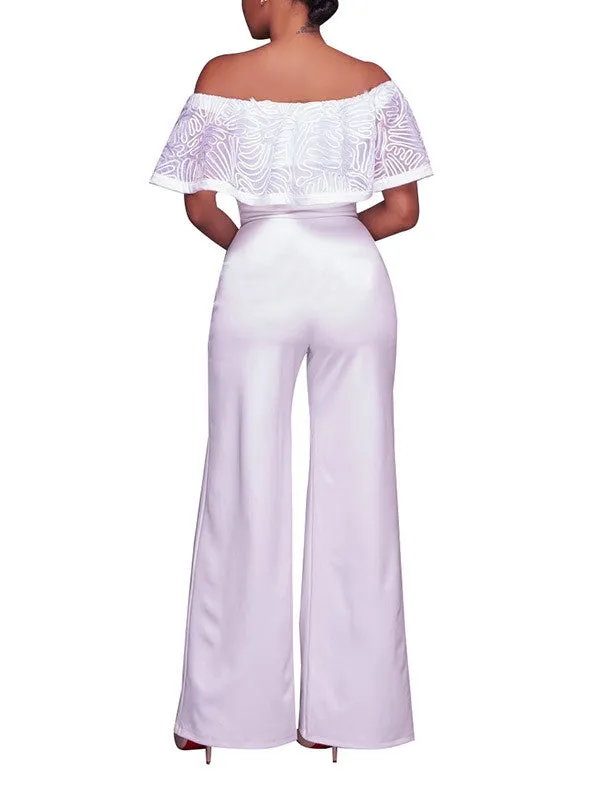 Women Off Shoulder Ruffle Long Wide Leg Rompers