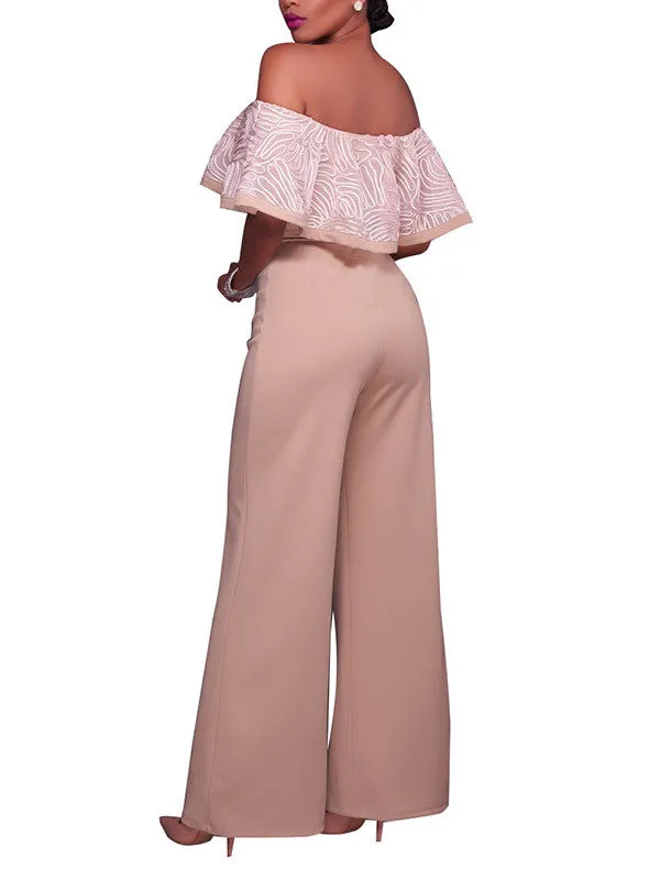 Women Off Shoulder Ruffle Long Wide Leg Rompers