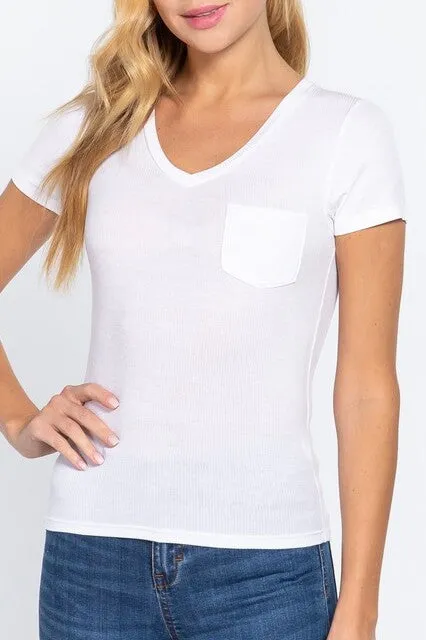 Women's Casual Short Sleeve Solid V-Neck W/Pocket Rib Top