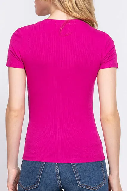 Women's Casual Short Sleeve Solid V-Neck W/Pocket Rib Top