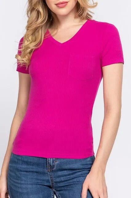 Women's Casual Short Sleeve Solid V-Neck W/Pocket Rib Top