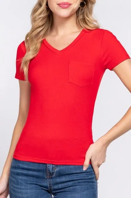 Women's Casual Short Sleeve Solid V-Neck W/Pocket Rib Top