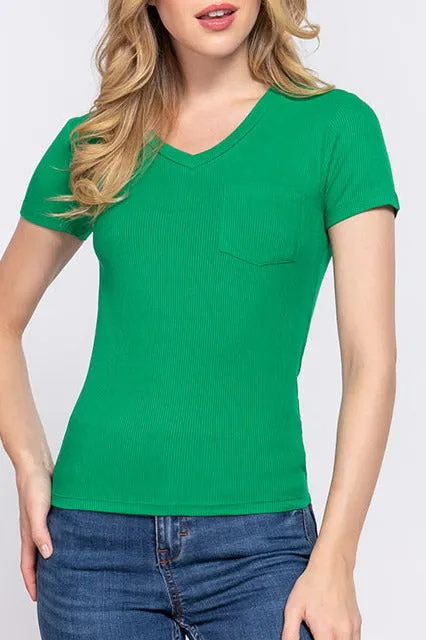 Women's Casual Short Sleeve Solid V-Neck W/Pocket Rib Top