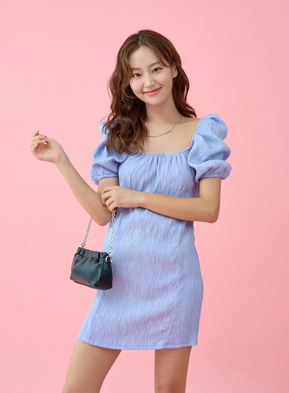 Wrinkle Puff Off Shoulder Mini Dress BU1507