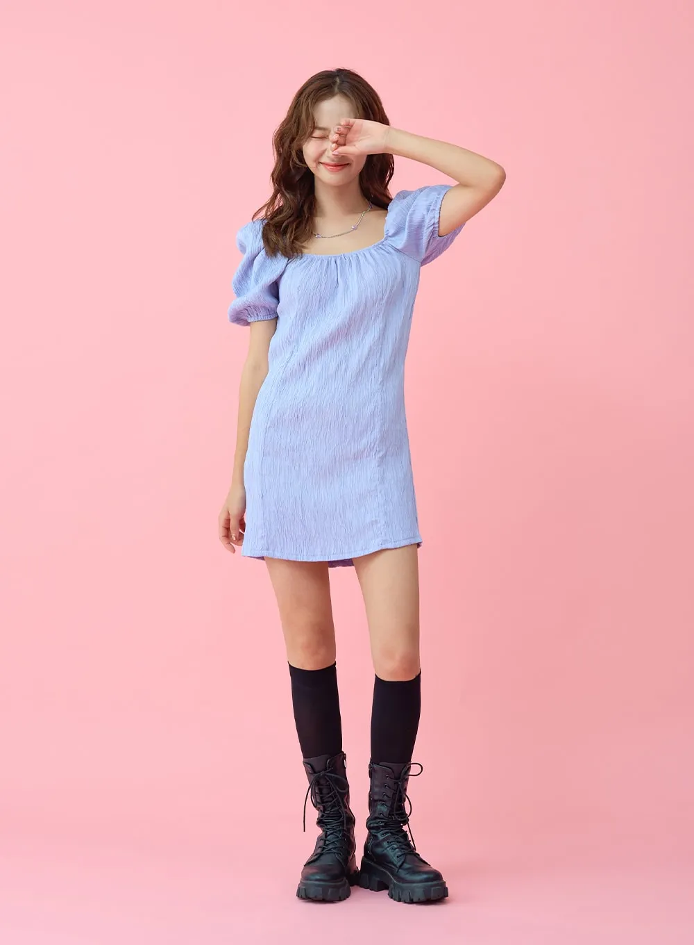 Wrinkle Puff Off Shoulder Mini Dress BU1507