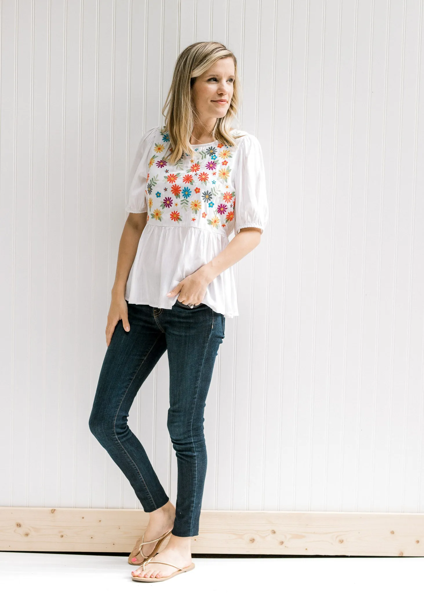 X Color Pop Ivory Embroidered Top