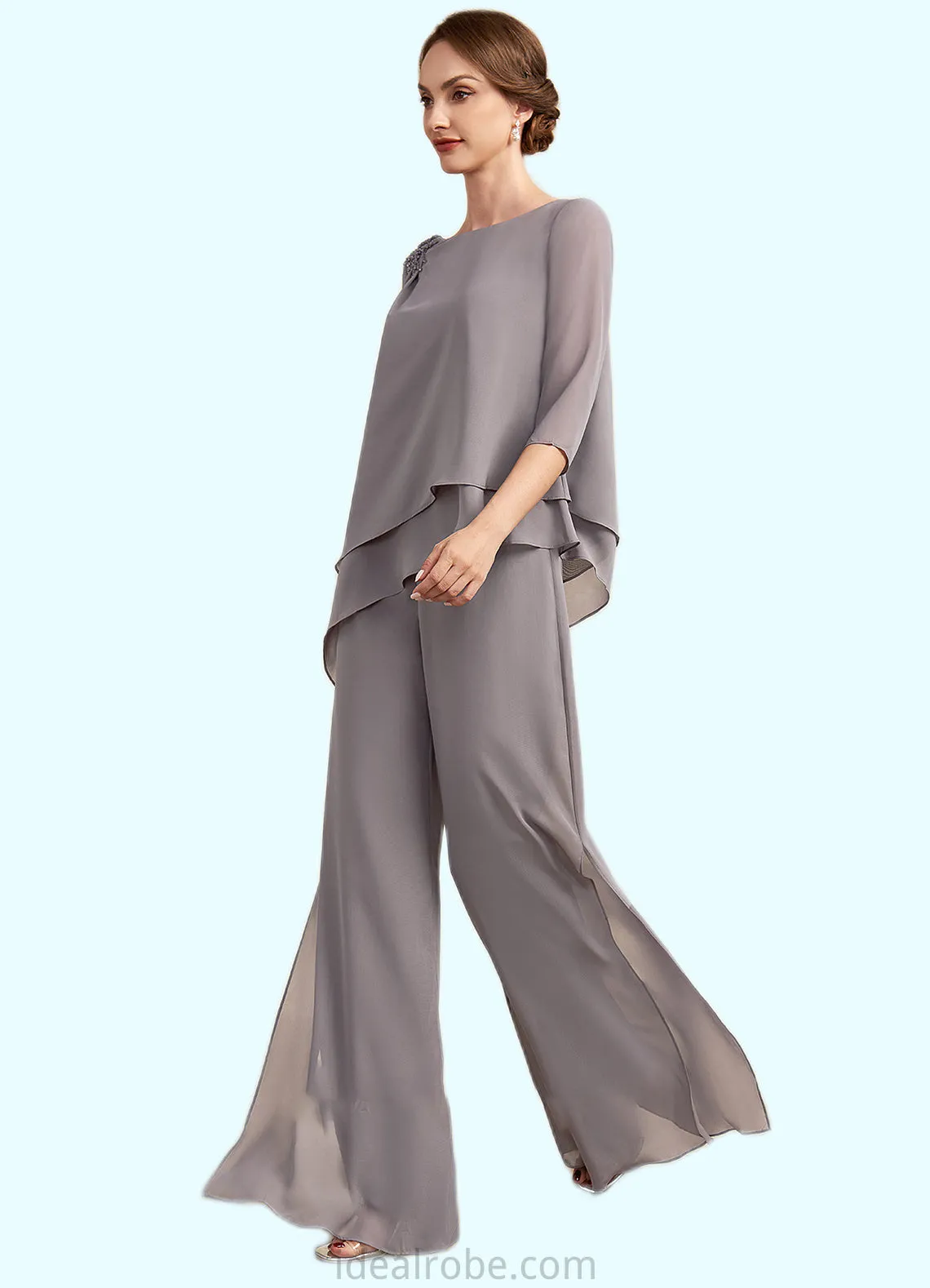 Zoe Jumpsuit/Pantsuit Scoop Neck Floor-Length Chiffon Mother of the Bride Dress With Beading STK126P0014630